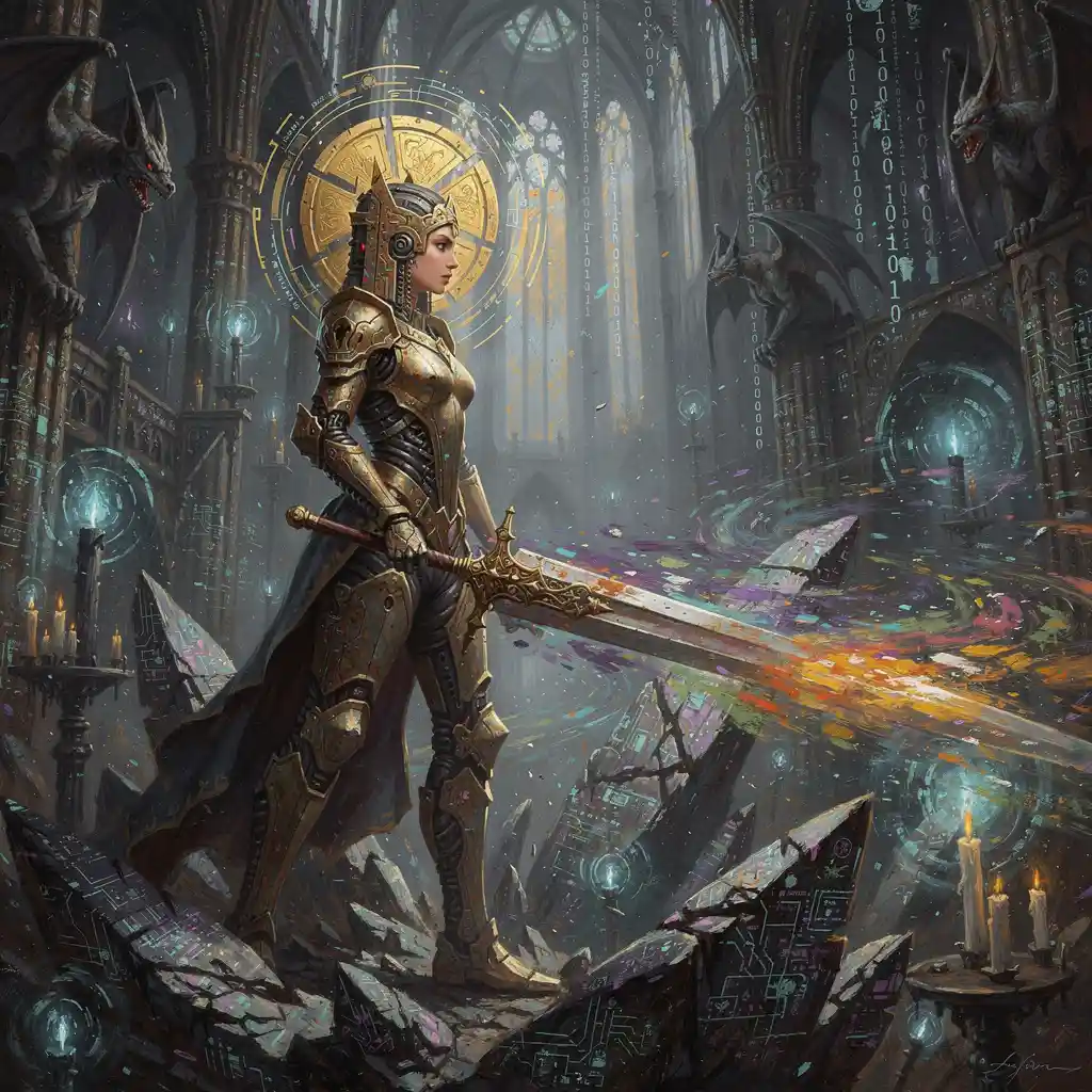 Gothic warrior queen with halo on shattered digital reef
