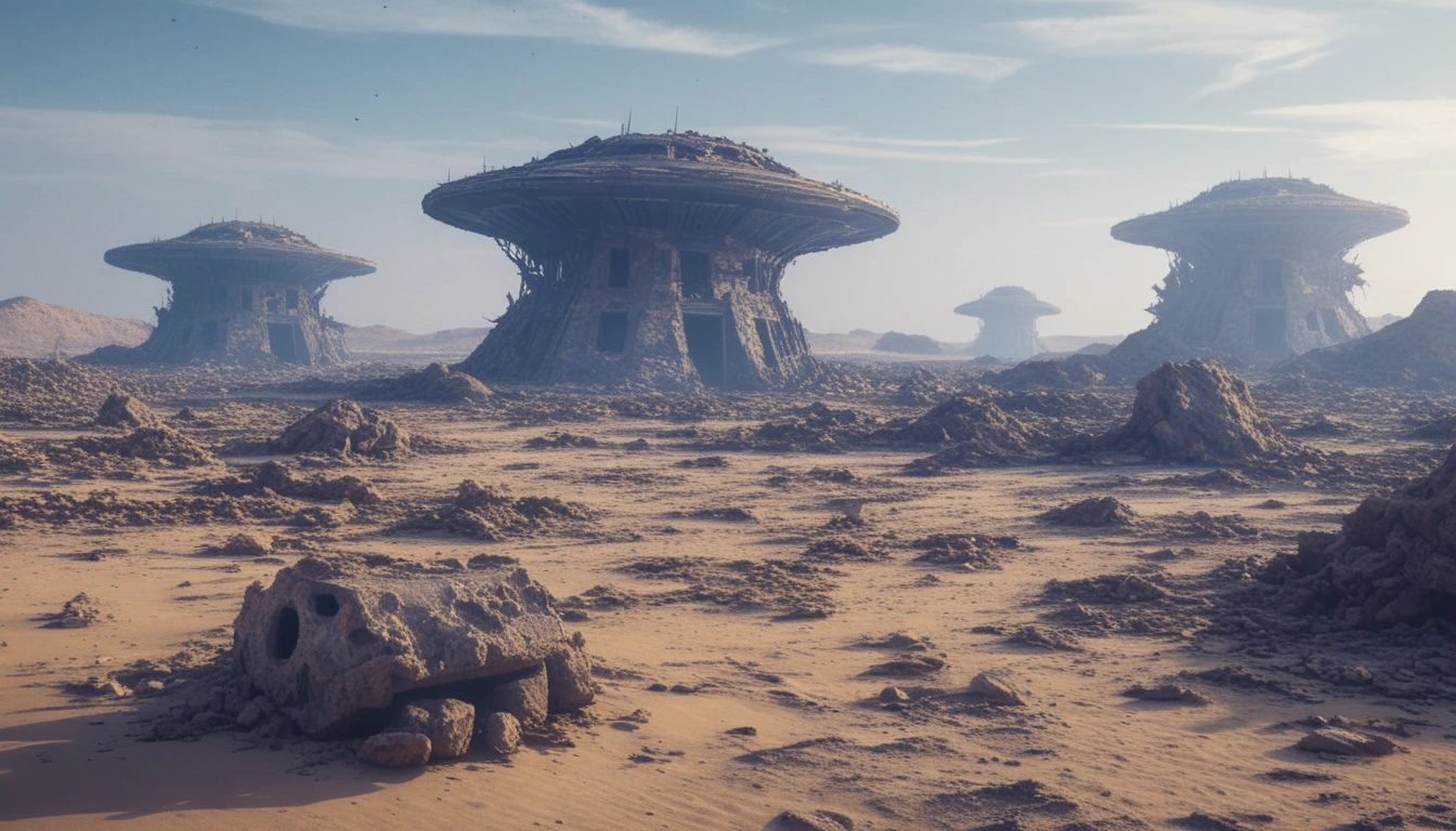 Alien desert with ruined spaceships under a purple sky