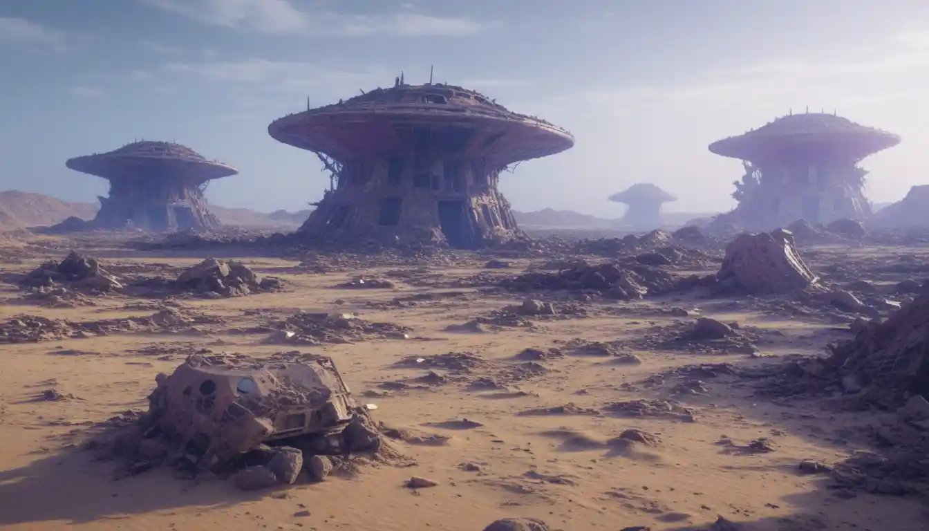Rovine aliene nel deserto sotto un intenso cielo viola