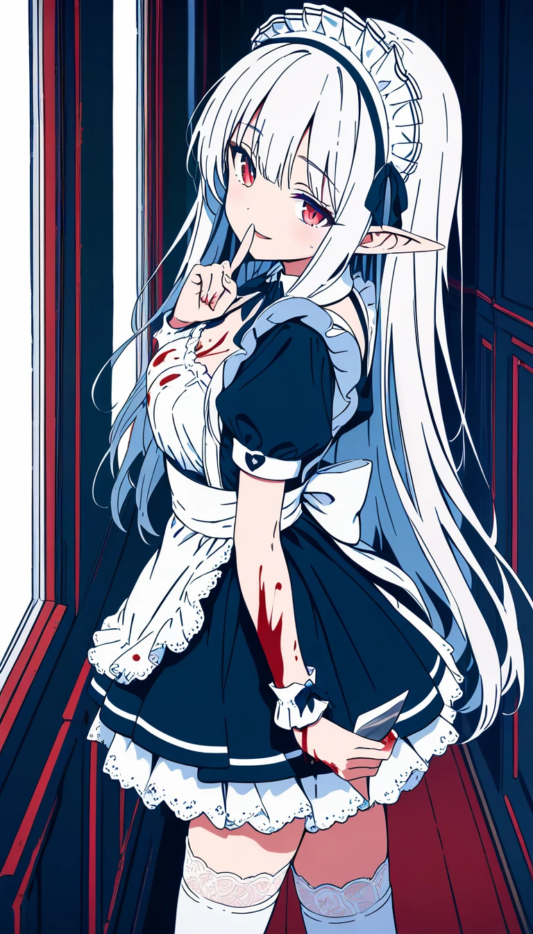 Doncella elfa de cabello blanco con cuchillo ensangrentado en el pasillo