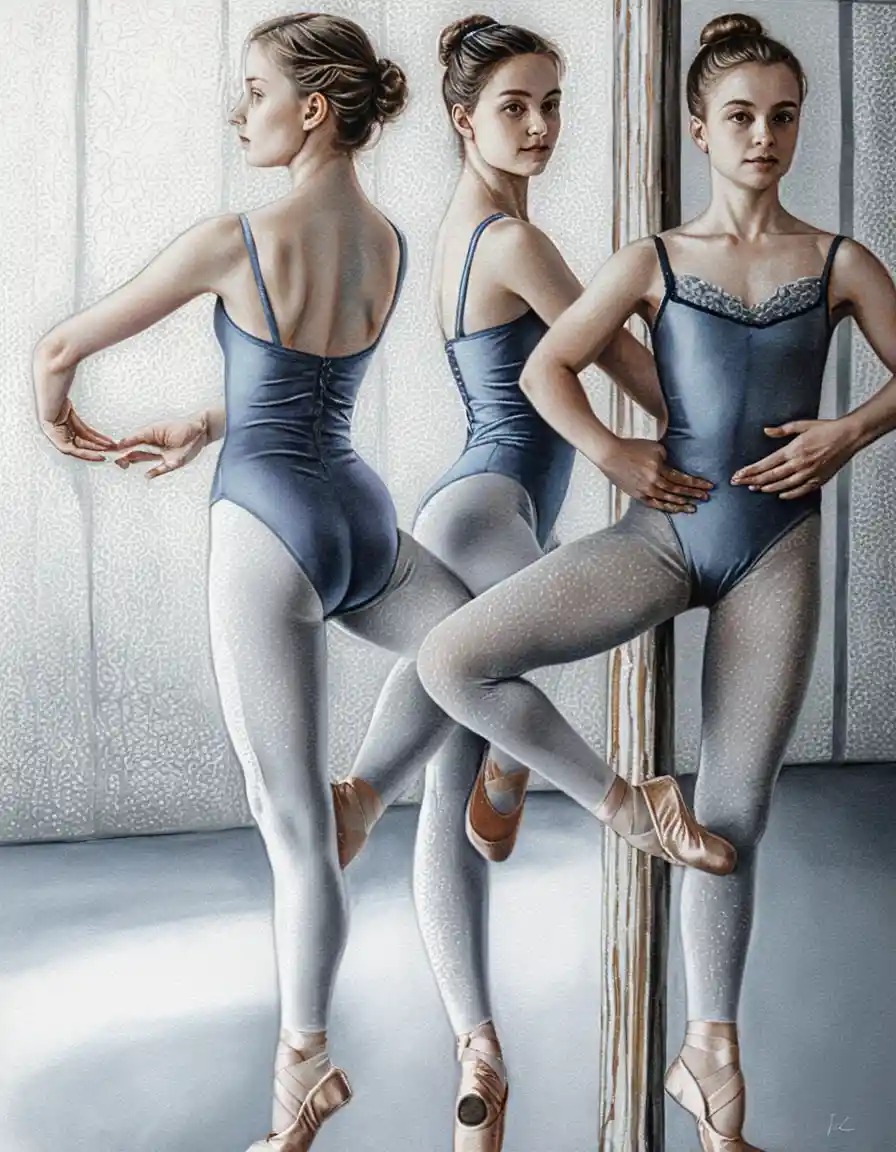 Tre giovani ballerine alla sbarra in uno studio silenzioso