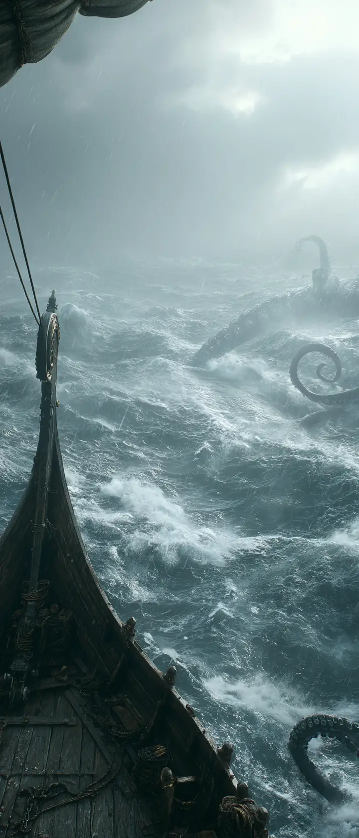 Storm lashed sea seen from a high viking ship