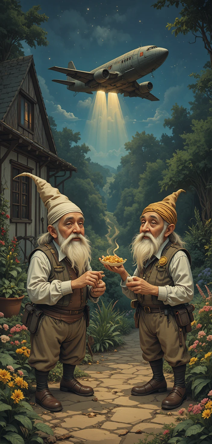 Two old peasants share soup with a visiting alien