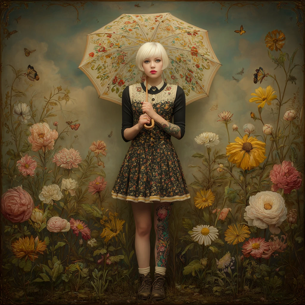 Surreal androgynous girl with umbrella in natural landscape
