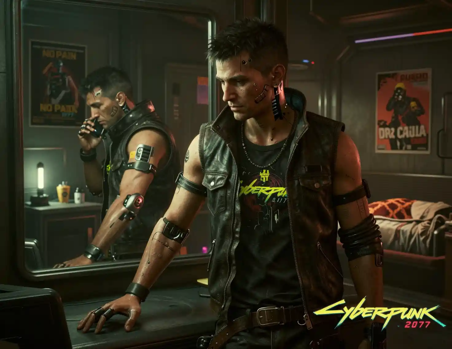 Homme augmenté se reflétant dans un miroir dans une chambre cyberpunk sombre