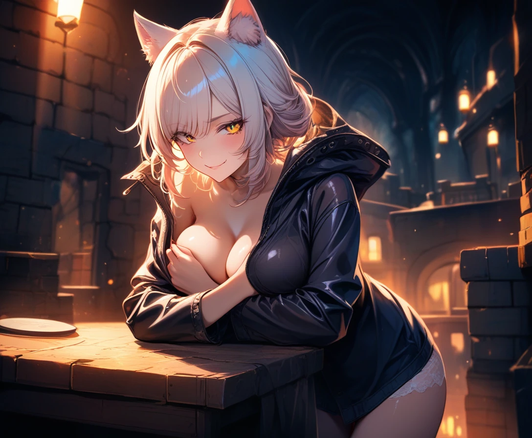 Cat eared punk girl leaning on a table under moonlight
