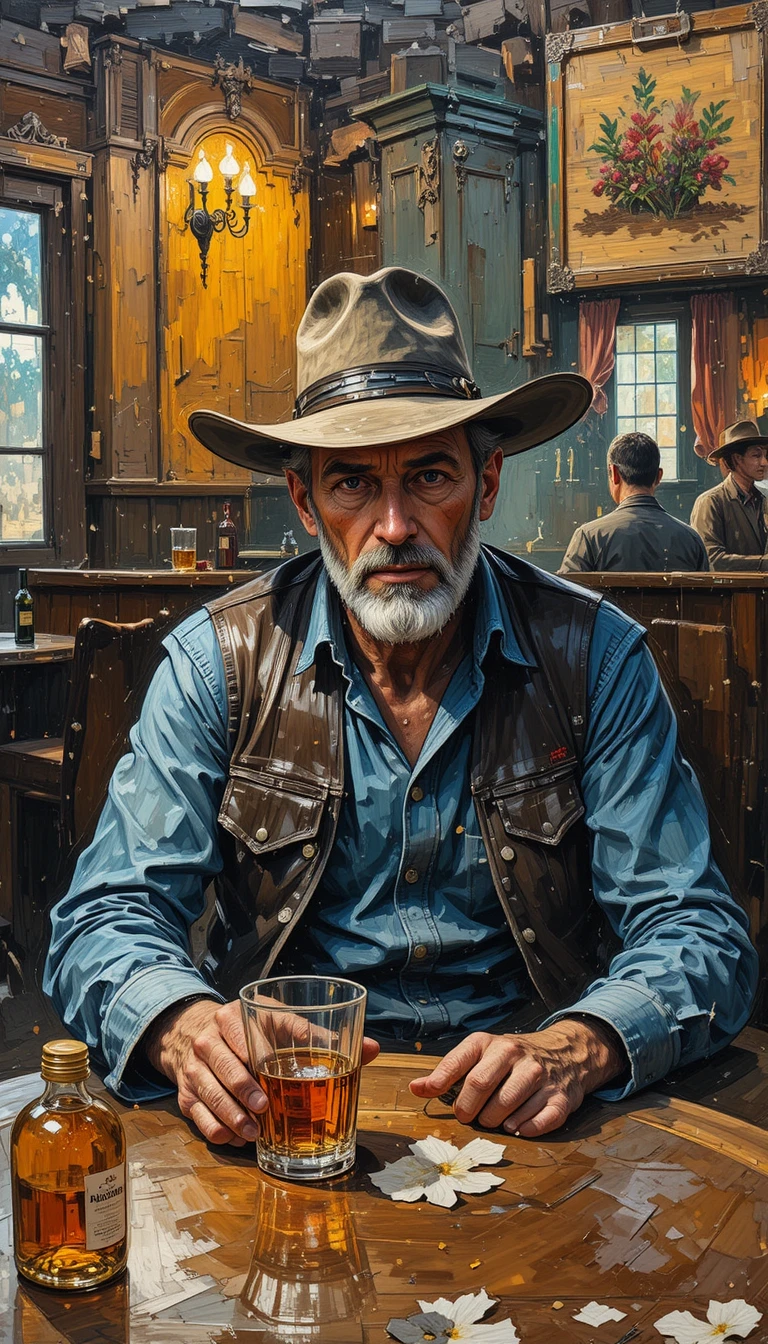 Tired cowboy resting with whiskey in a tavern painting