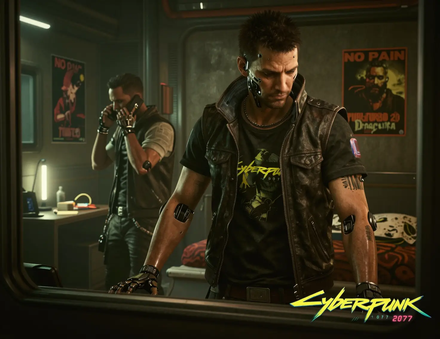 Augmented cyberpunk man contemplating in neon lit room