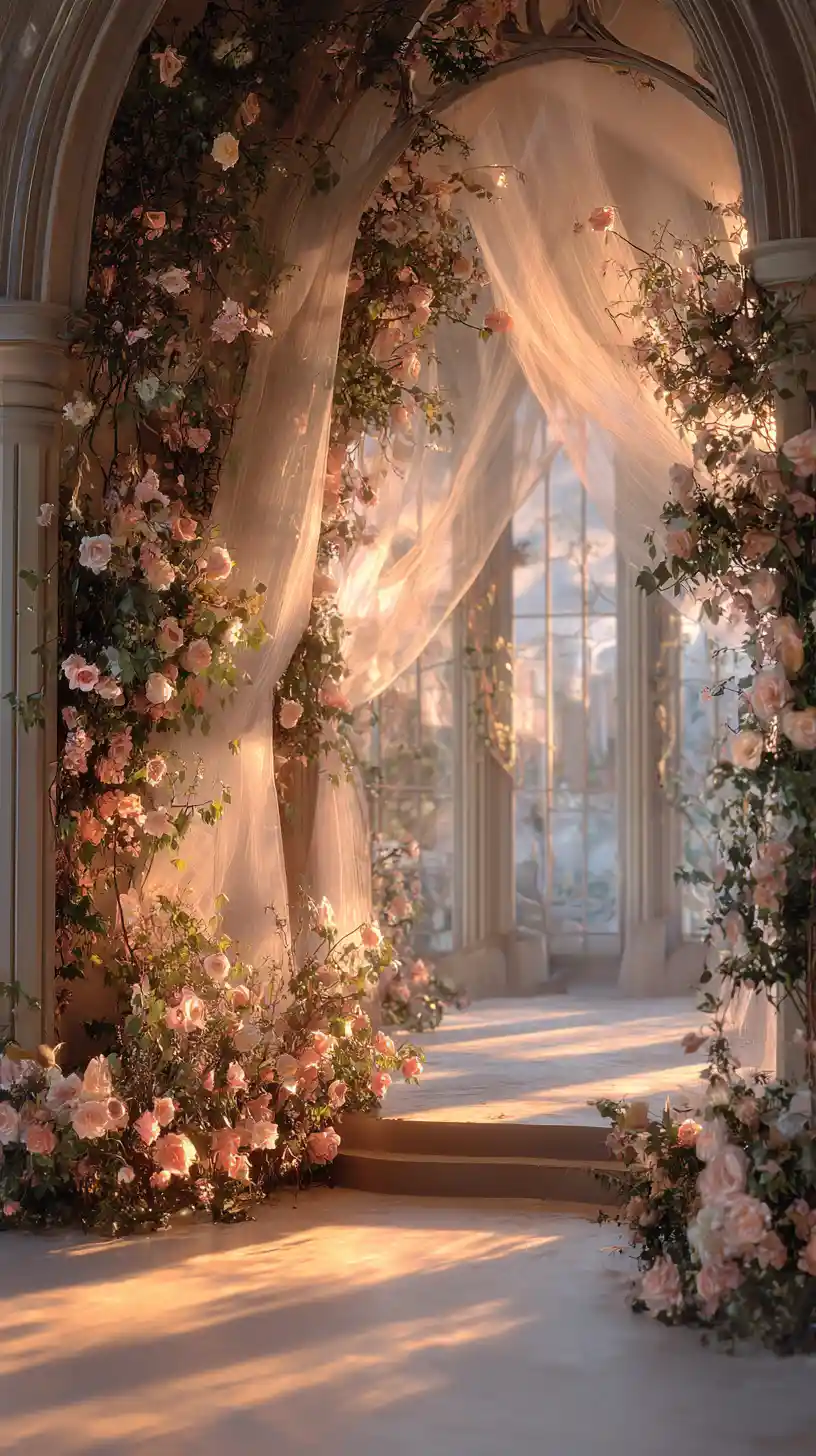 Romantico arco coperto di rose che incornicia una stanza illuminata dolcemente
