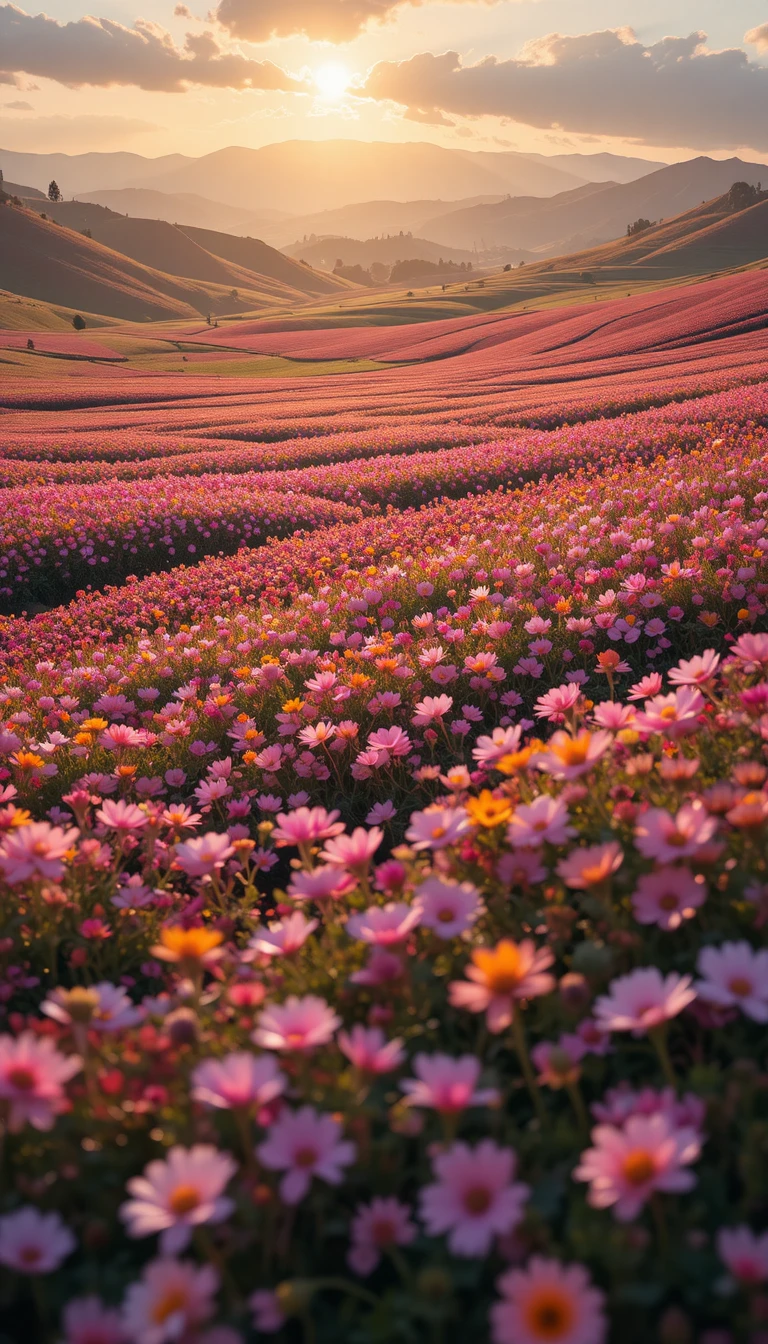 Colorful Flower Valley At Golden Hour In Soft Sunlight