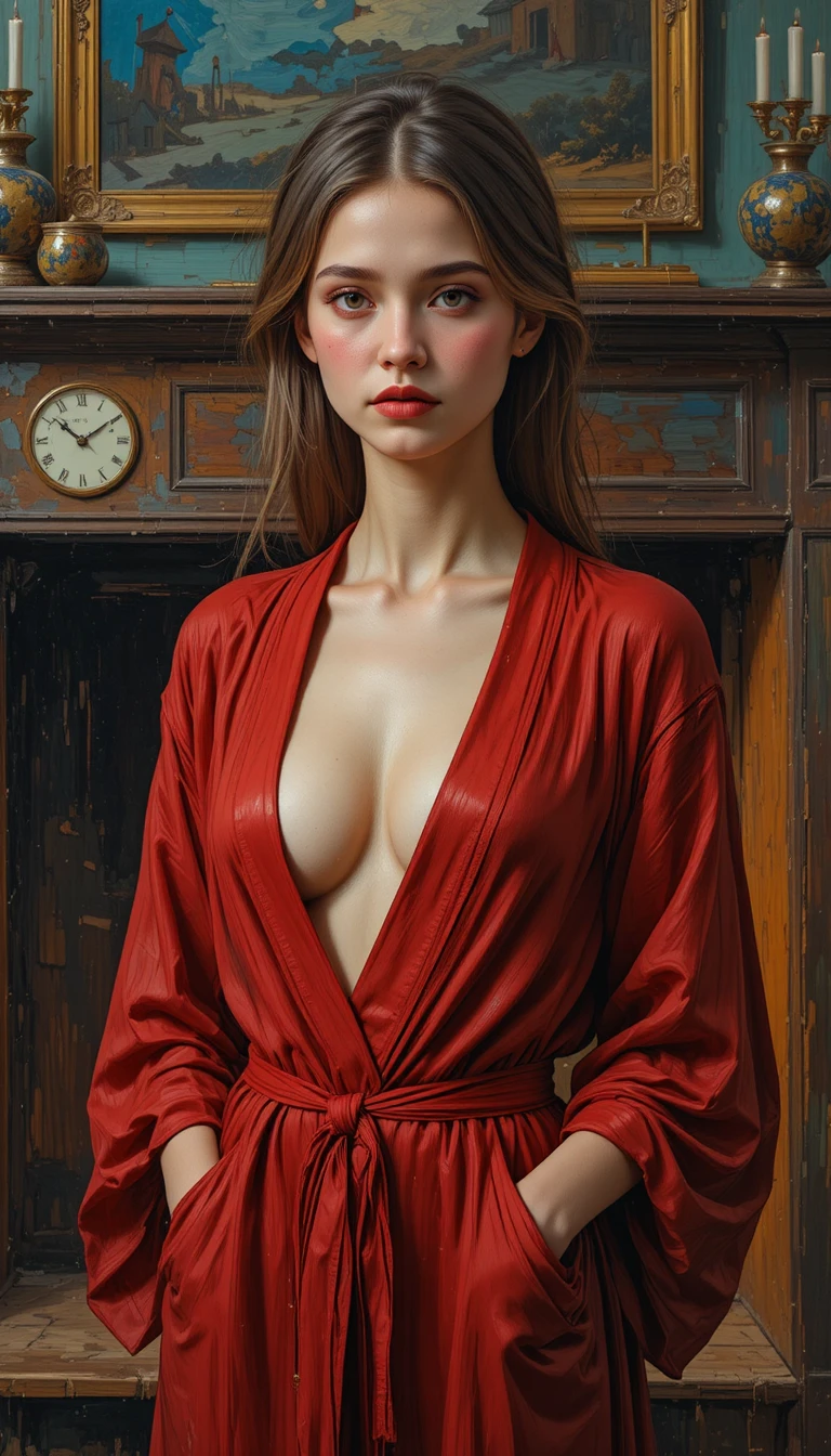 Jeune femme en robe rouge près d’une cheminée chaleureuse