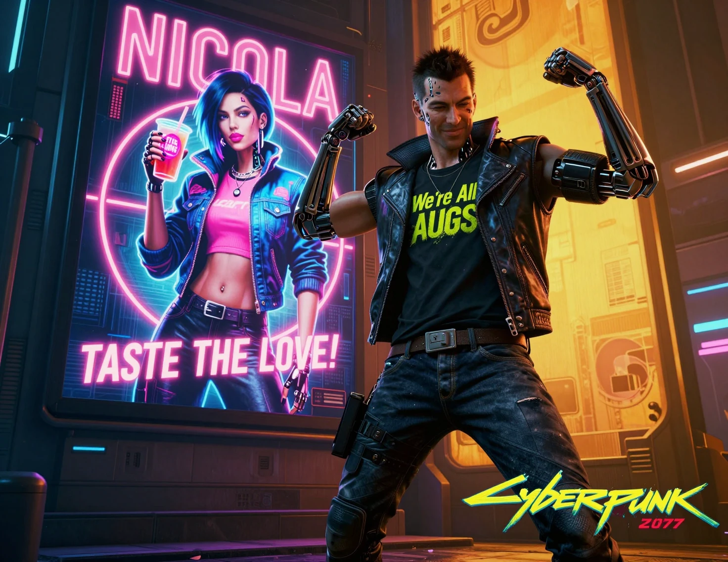 Uomo cyborg cyberpunk che posa in una strada cittadina al neon