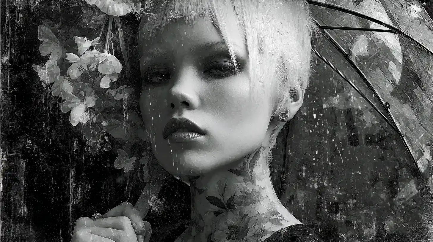 Femme androgyne surréaliste sous la pluie avec parapluie en plastique