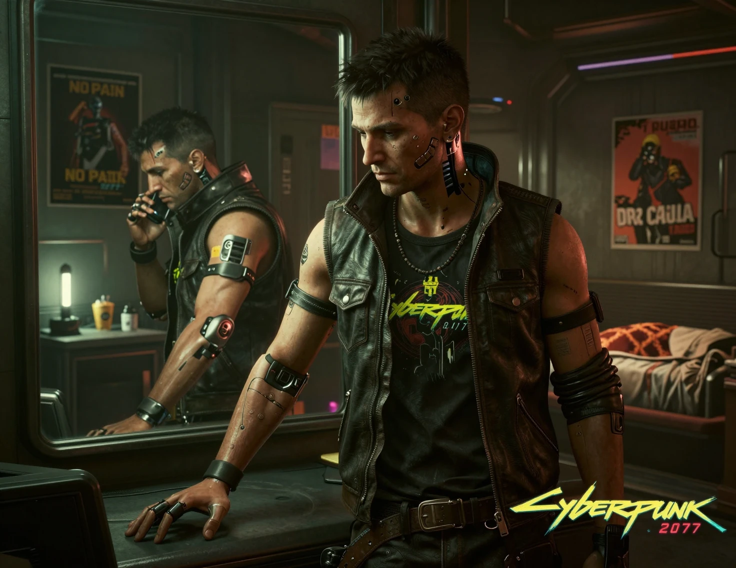 Homme augmenté se reflétant dans un miroir dans une chambre cyberpunk sombre