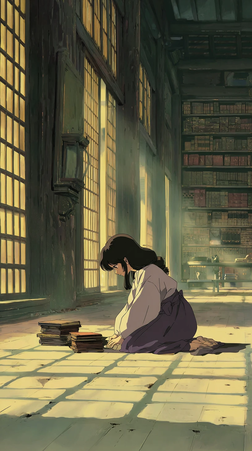 Fille d’anime lisant dans une ancienne bibliothèque tranquille baignée de soleil