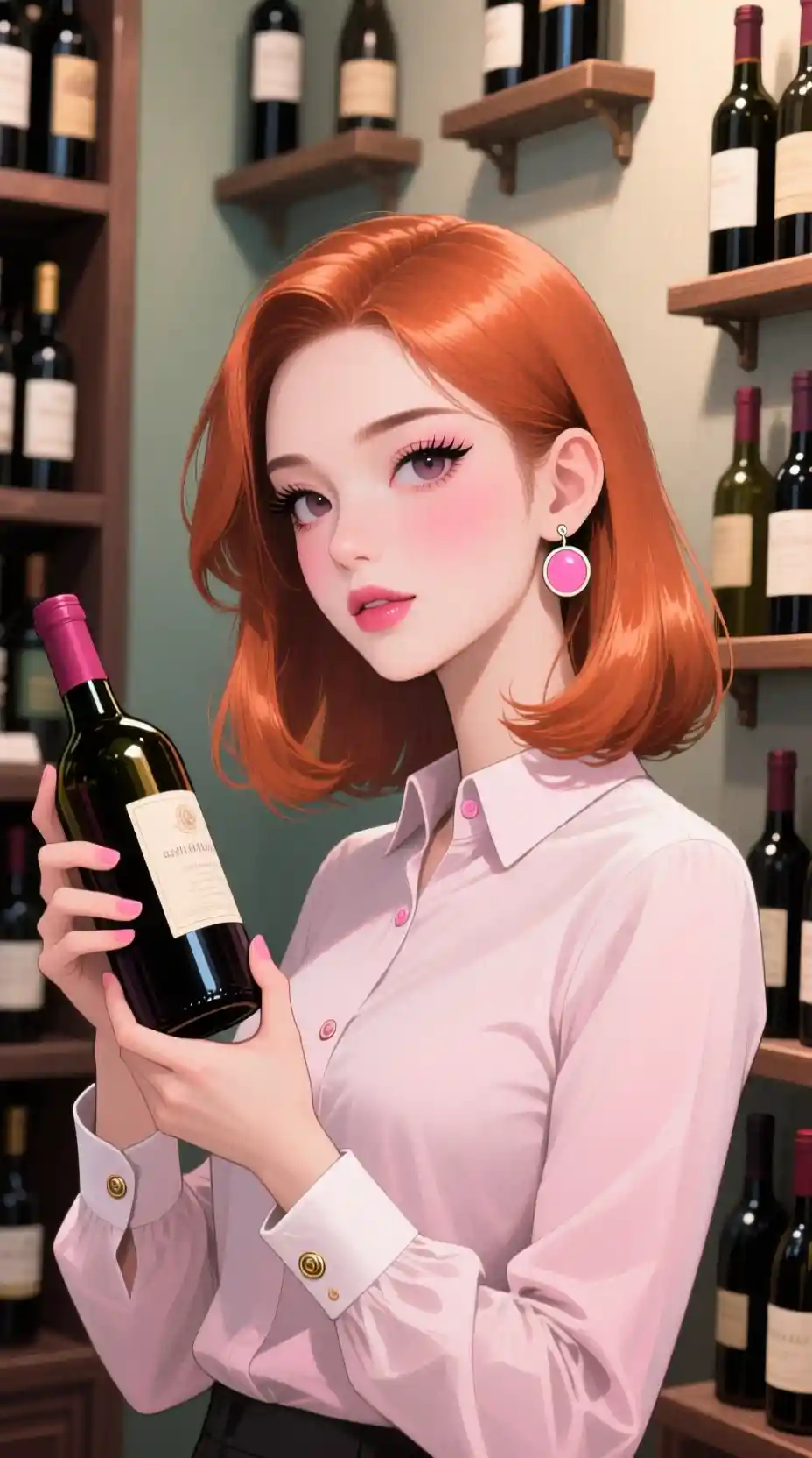 ワインボトルのラベルを読むカッパーカラーのボブヘアの女性