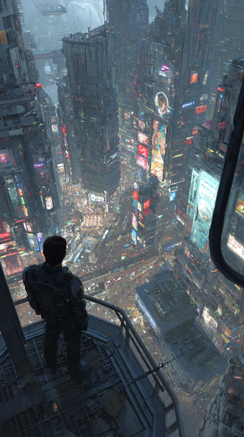 Heroic man in a futuristic neon lit cityscape