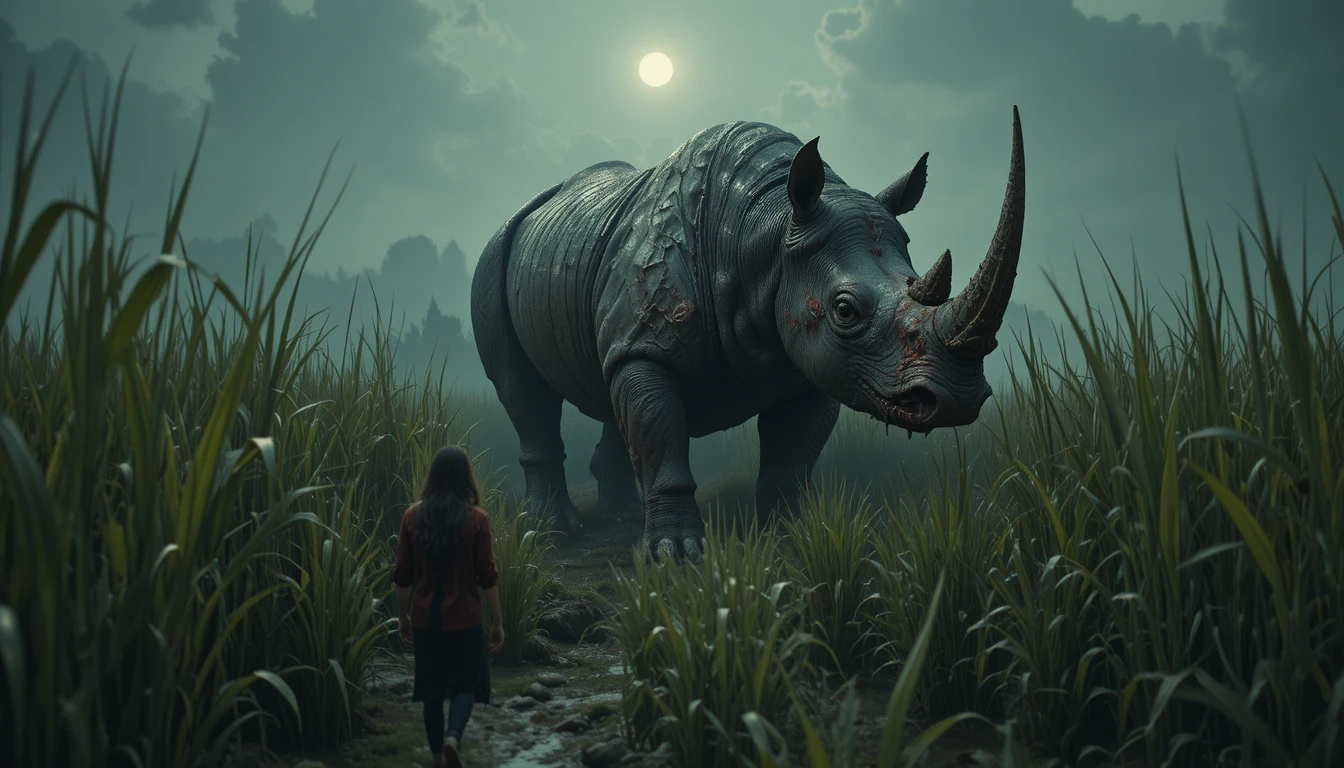 Zombie Rhinoceros Stalking Through Dark Rice Paddy At Night
