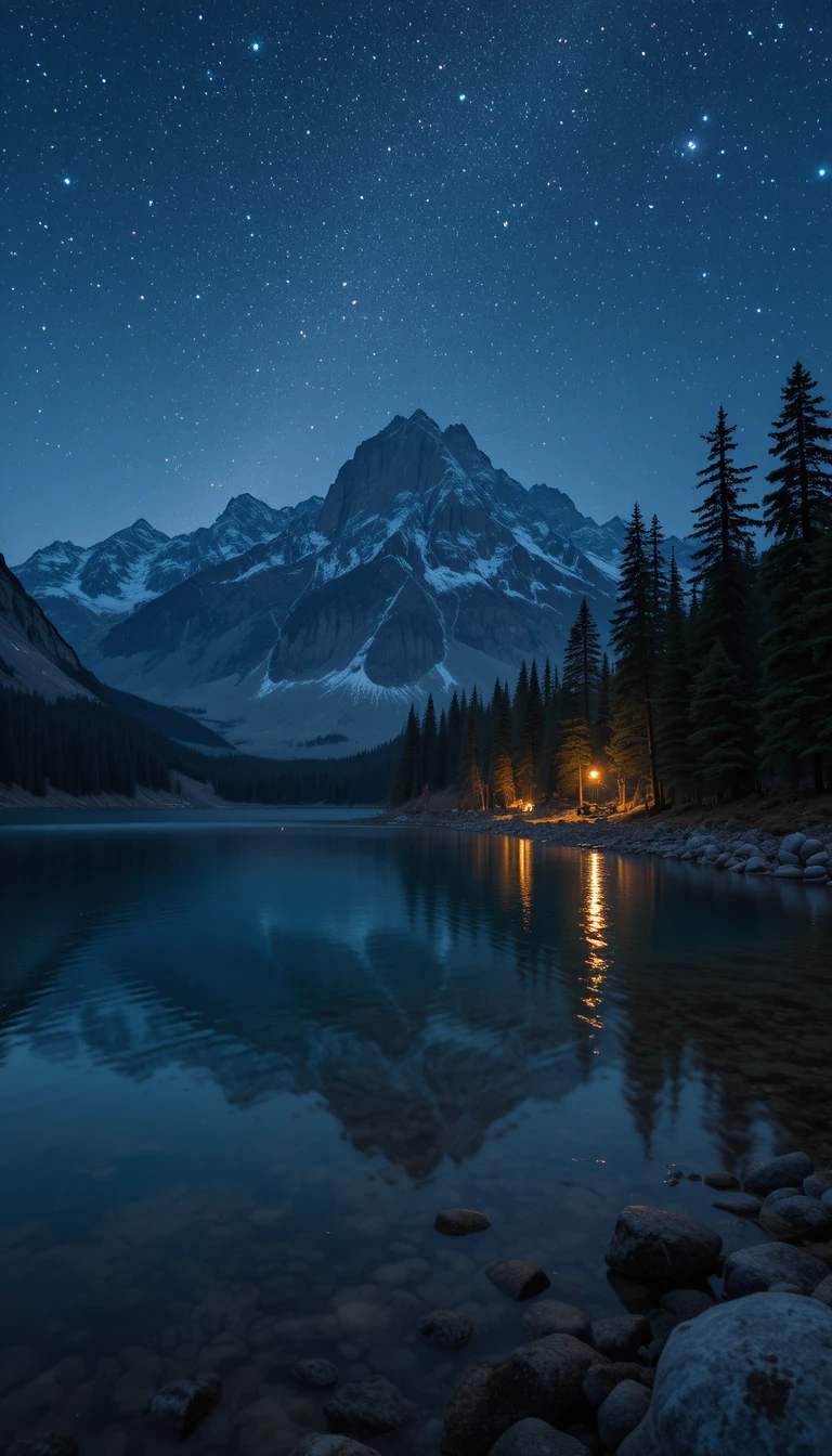 Night mountain lake with forest along the shoreline