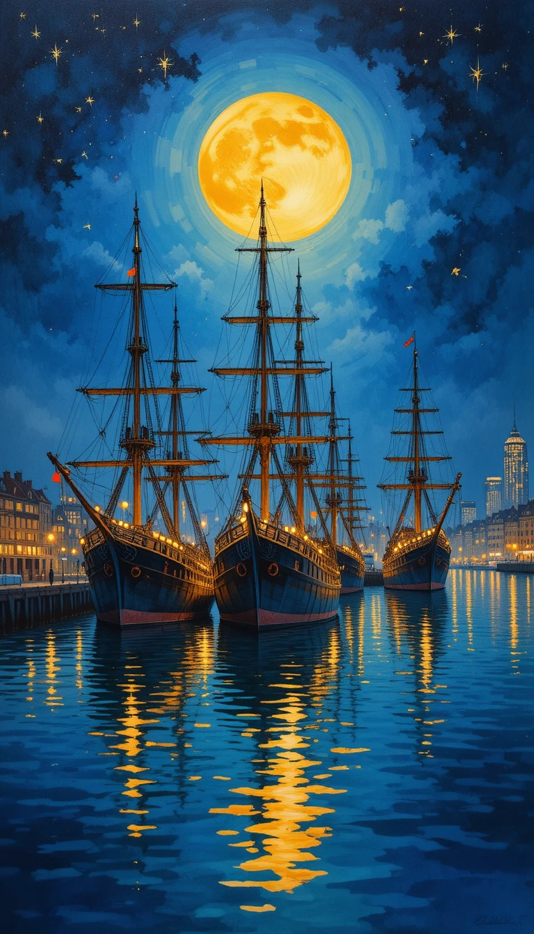 Impressionistic night harbor with sailing ships and moonlit city