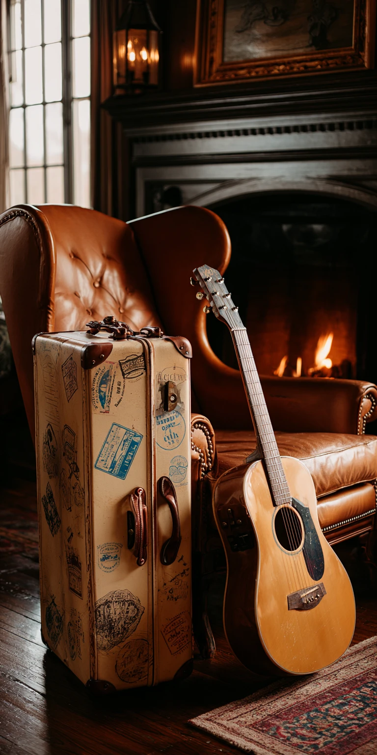 Guitar Shaped Suitcase By A Cozy Leather Chair