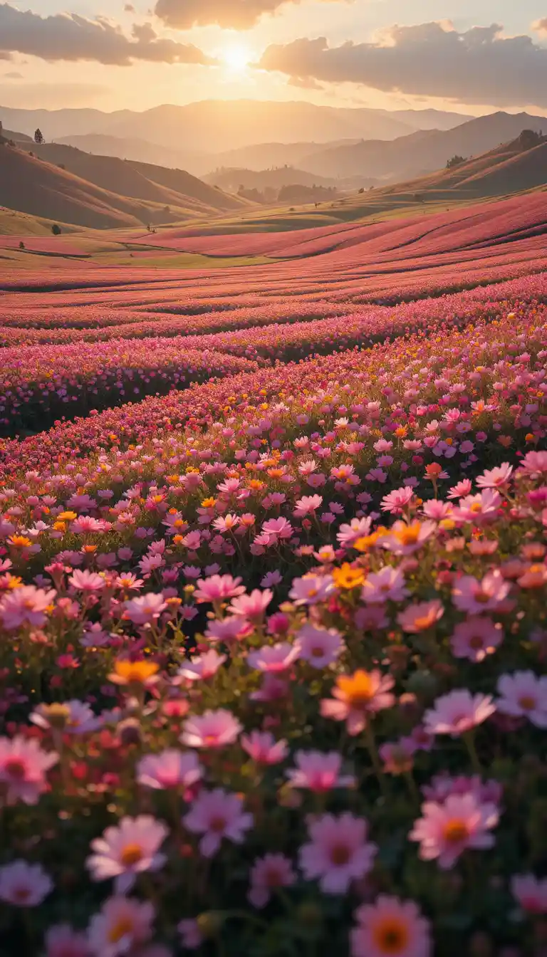 Colorful Flower Valley At Golden Hour In Soft Sunlight