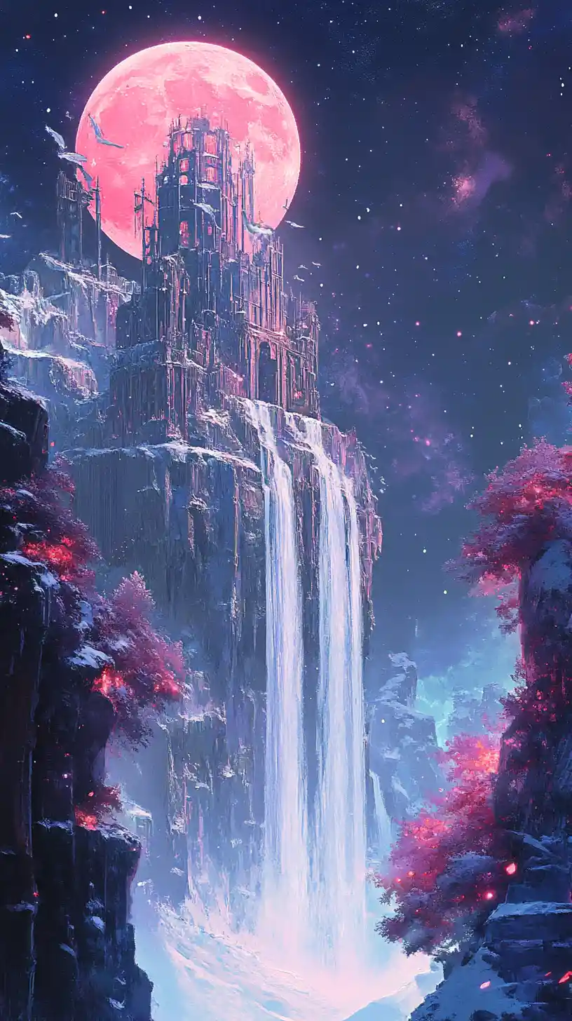 雪地瀑布與盛開樹林中的奇幻宮殿