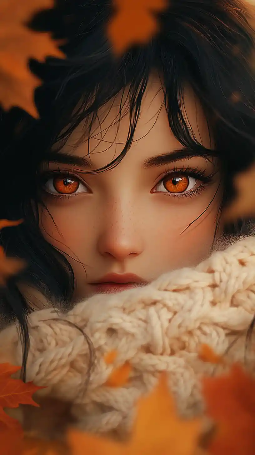 Schüchternes Anime-Mädchen mit bernsteinfarbenen Augen, umrahmt von Herbstblättern