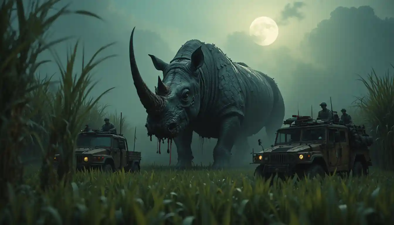 Rotting Zombie Rhinoceros Stalking A Moonlit Rice Field
