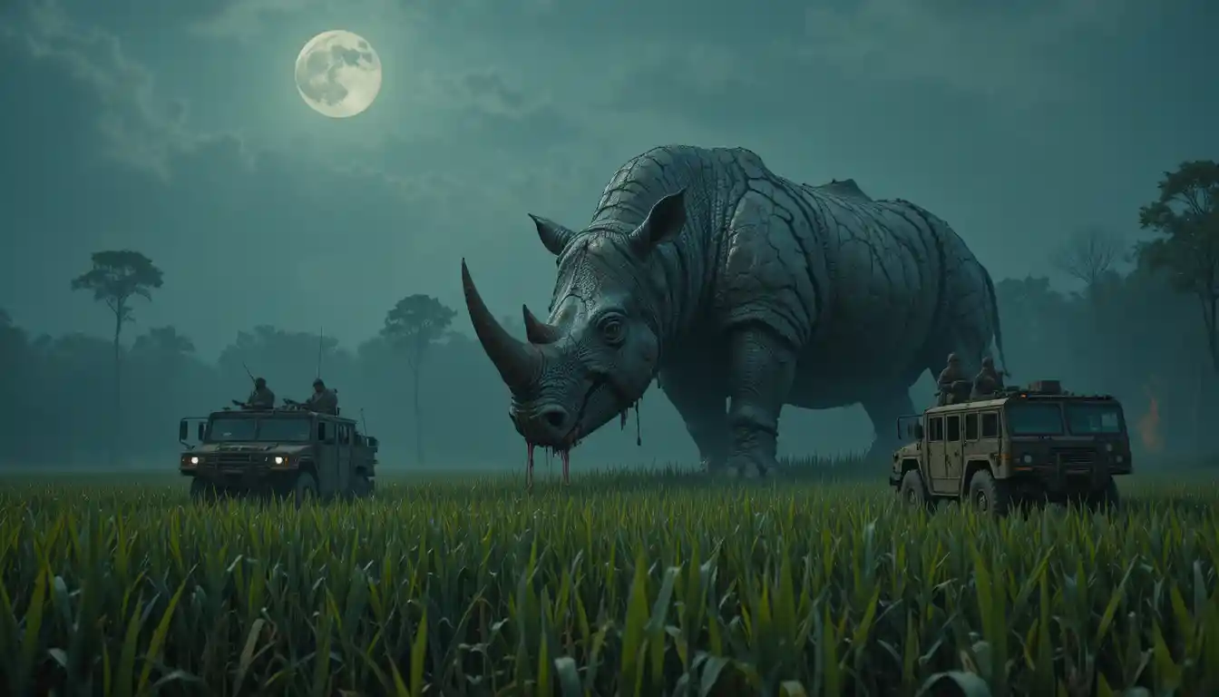 Zombie rhinoceros emerging in moonlit rice field