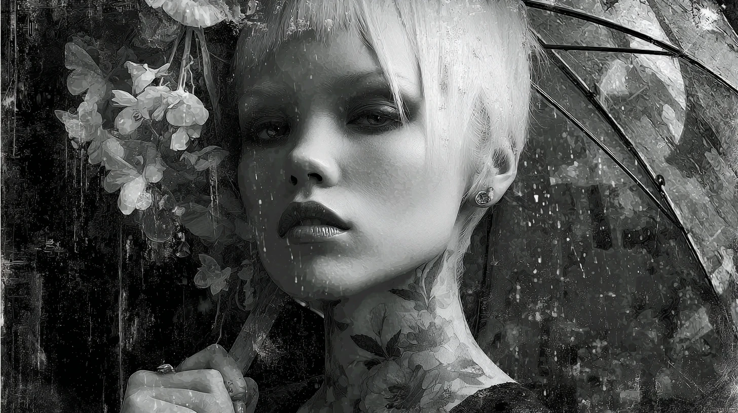 雨中撐著塑膠雨傘的超現實中性女子