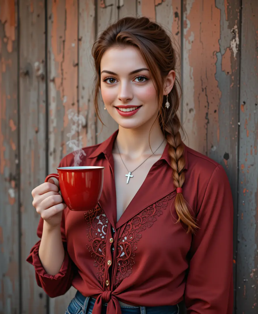 Red haired woman with coffee against rustic wooden wall