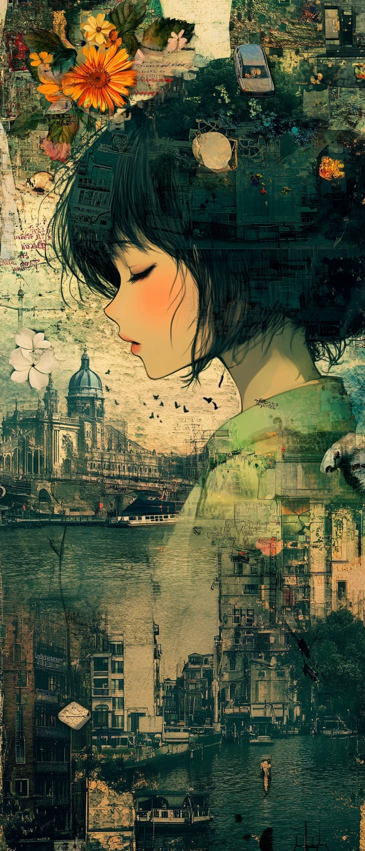 Anime woman with frog and flower in soft green tones