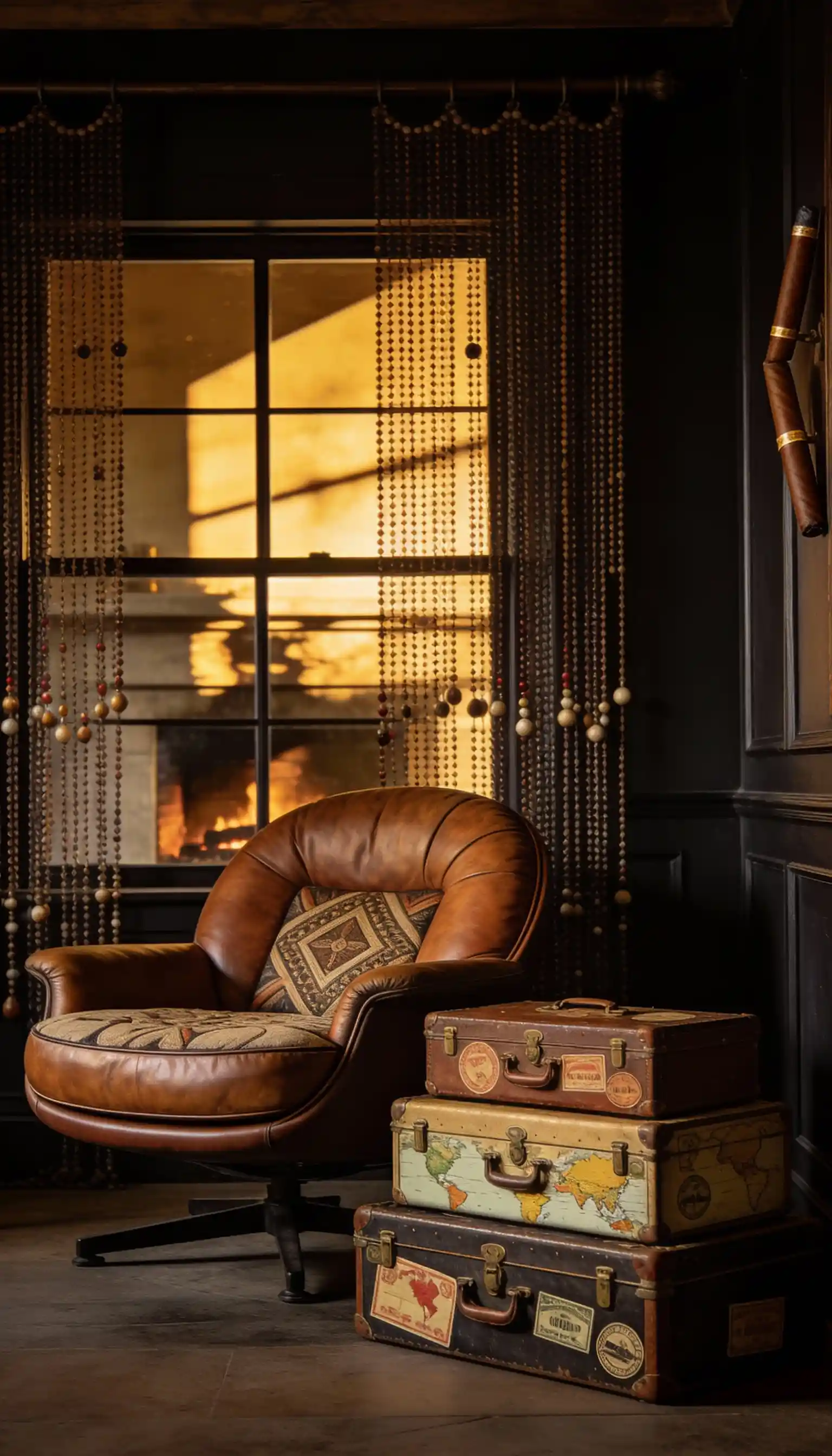 Cozy cigar room with leather armchair and stacked suitcases