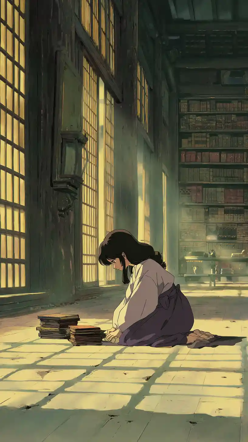 Fille d’anime lisant dans une ancienne bibliothèque tranquille baignée de soleil