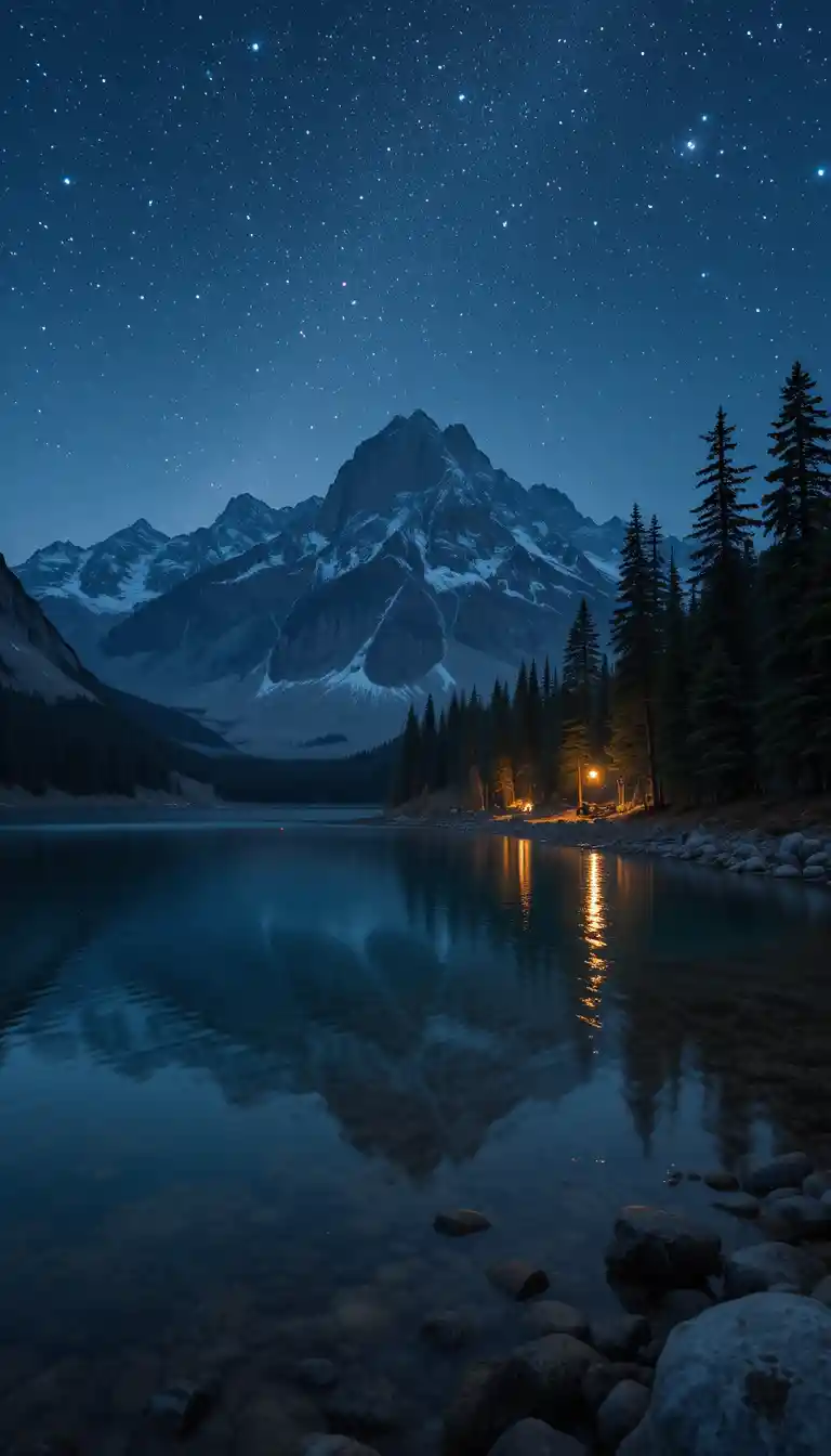 Night mountain lake with forest along the shoreline