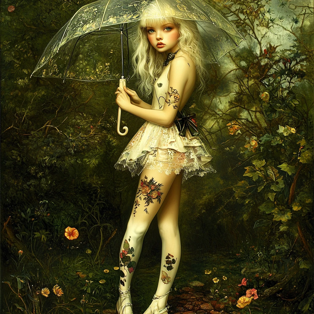 Surreal pale woman with umbrella in a quiet natural landscape