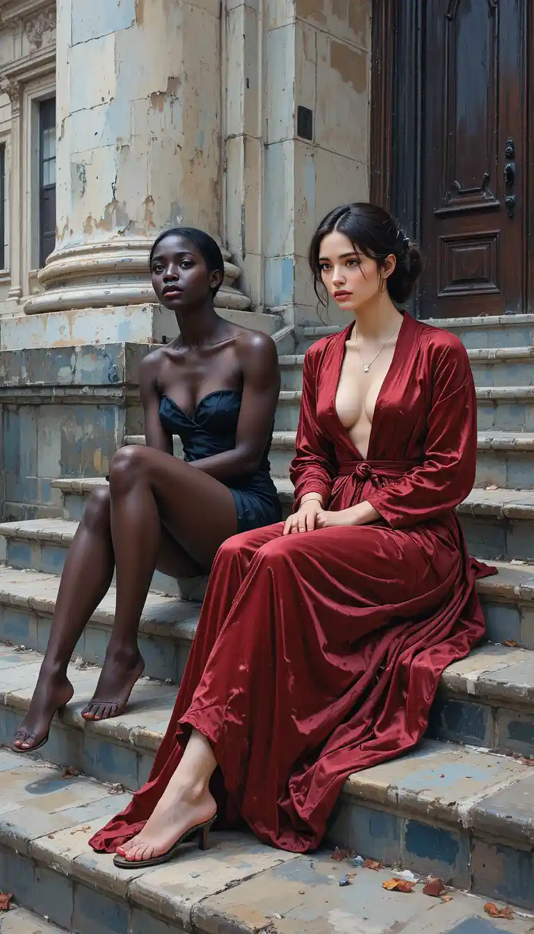 Women in red velvet robes on stone stairs impressionist painting