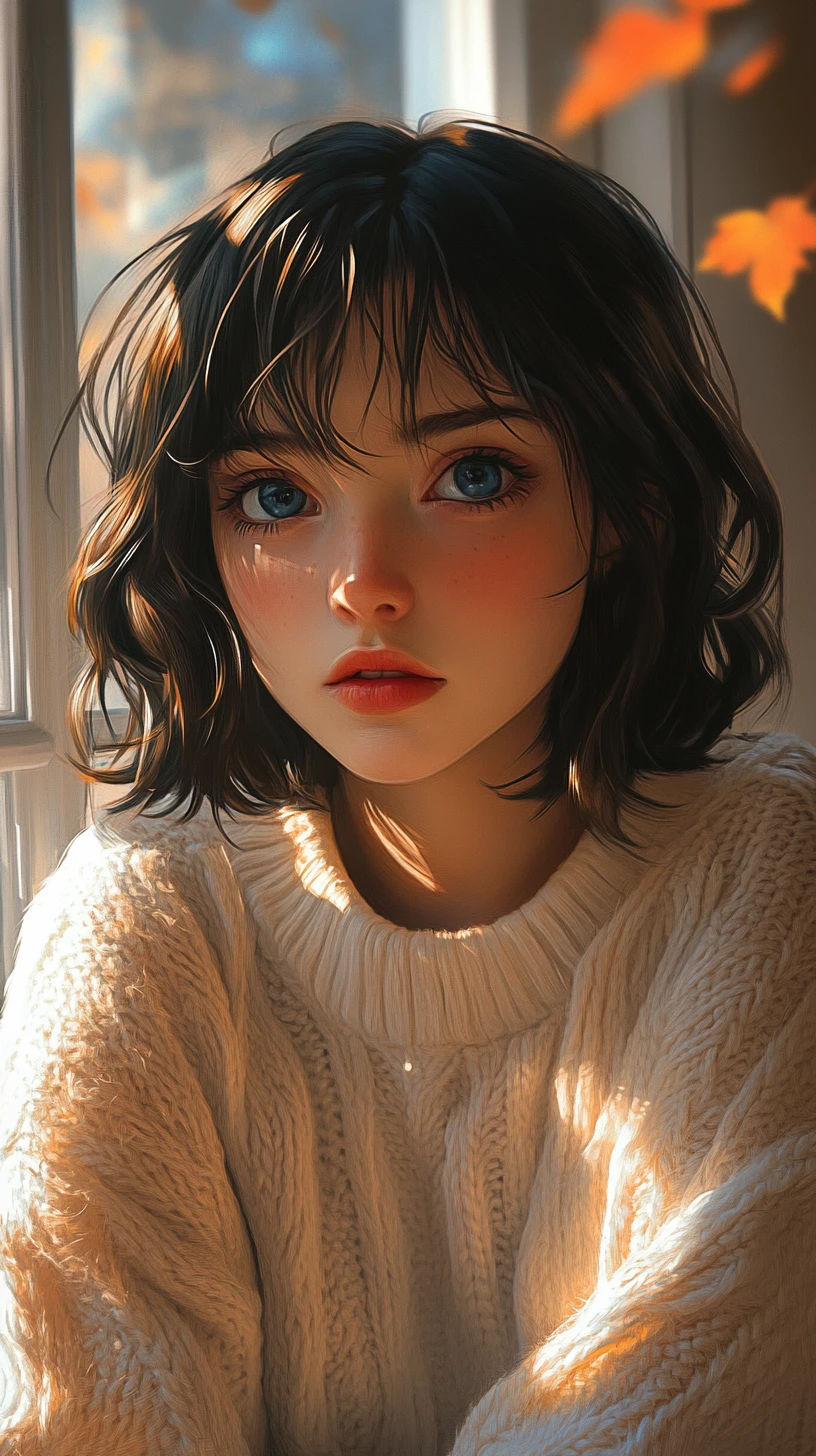 Young woman in knit sweater in dramatic autumn sunlight