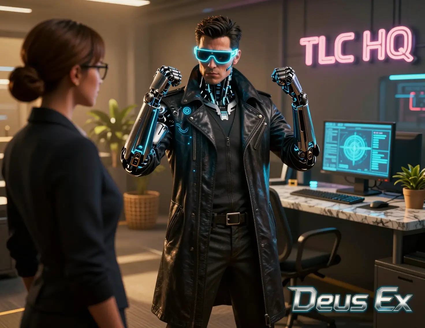 Augmented detective in neon cyberpunk office meeting a liaison