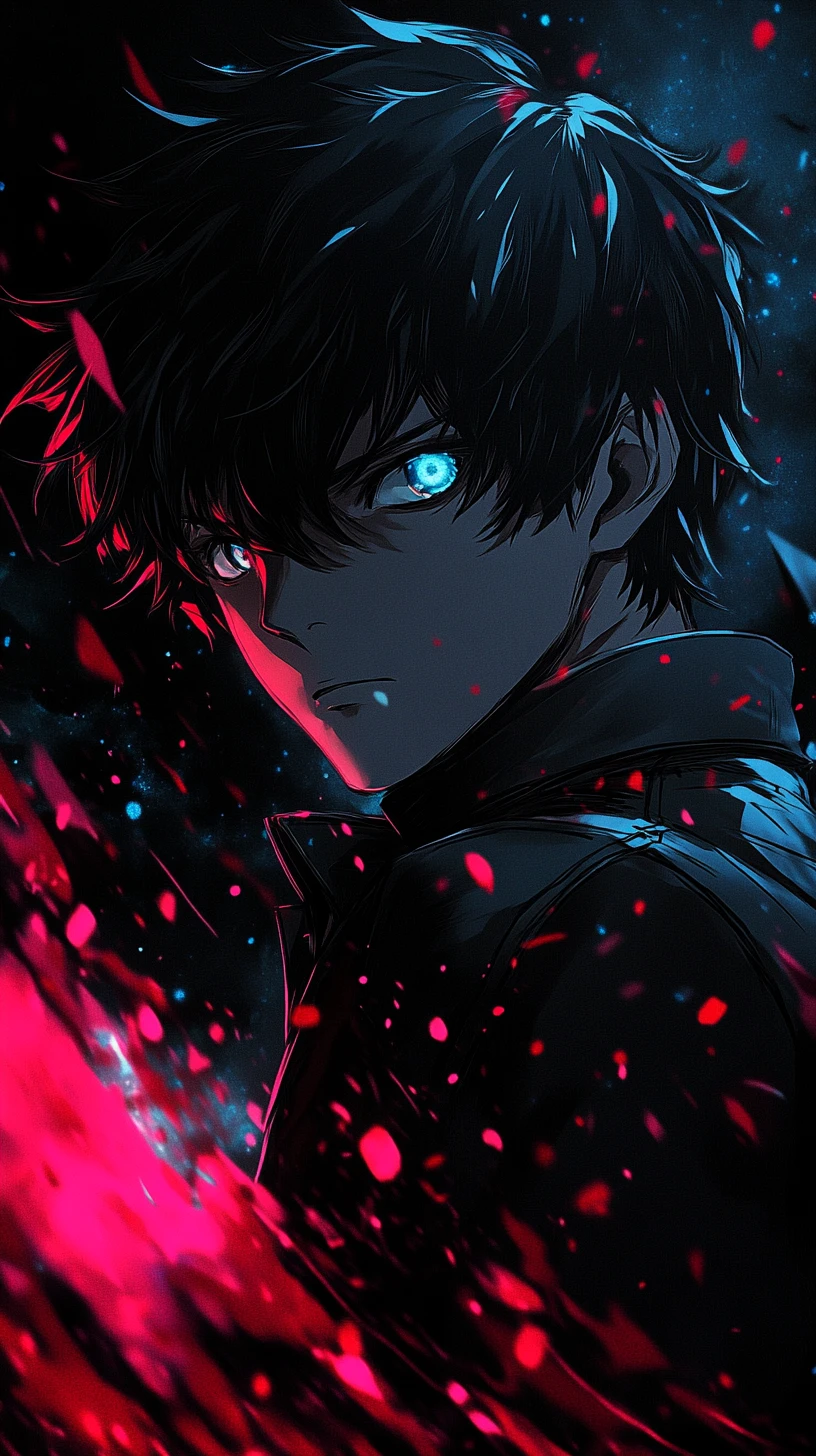 Anime hero with crimson energy and piercing blue eyes