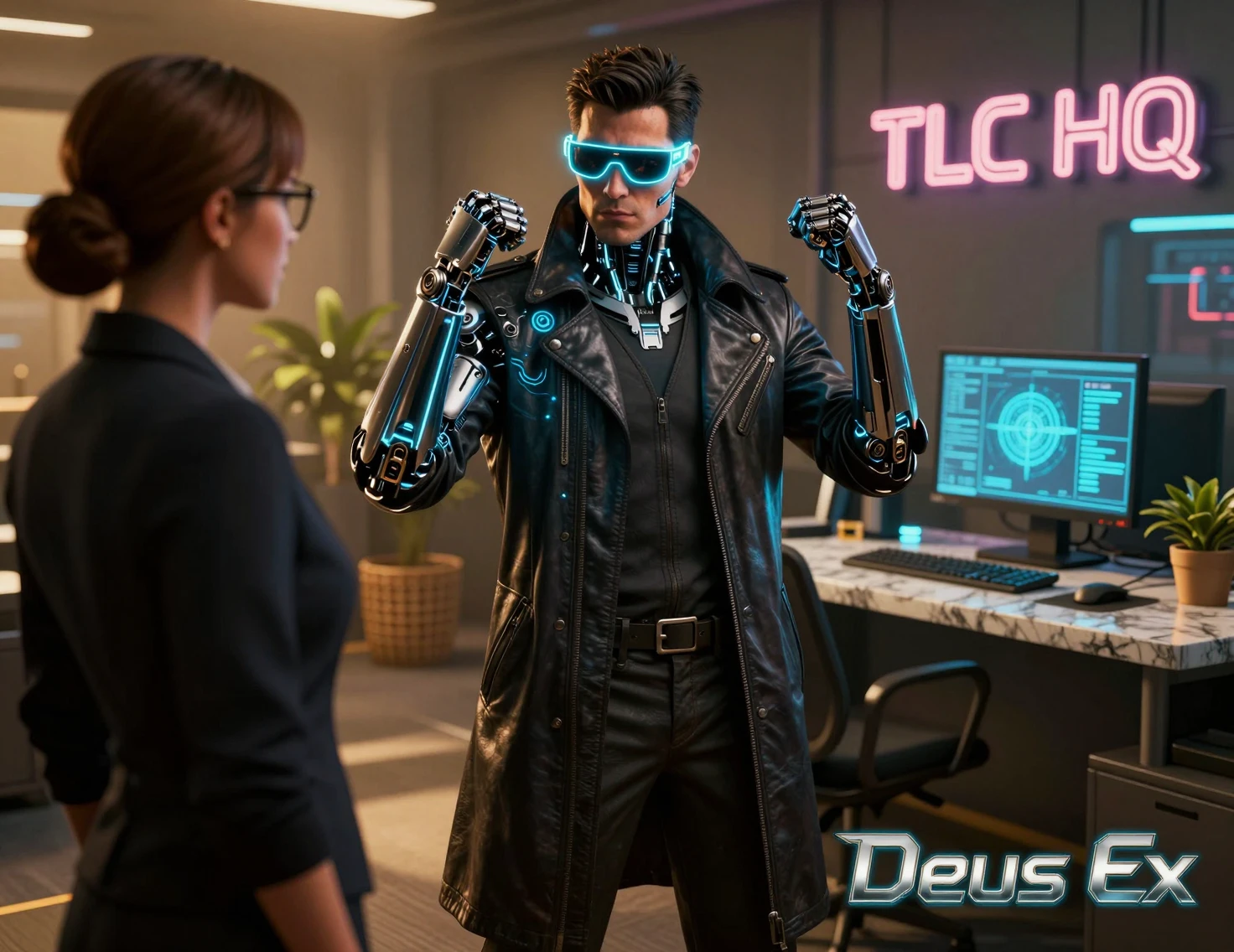 Détective augmenté dans un bureau cyberpunk néon rencontrant une liaison