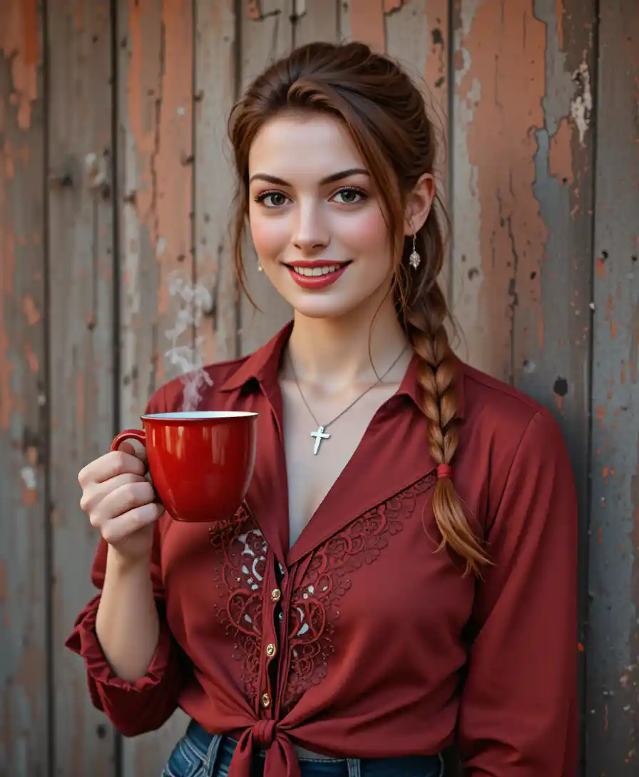 Red haired woman with coffee against rustic wooden wall
