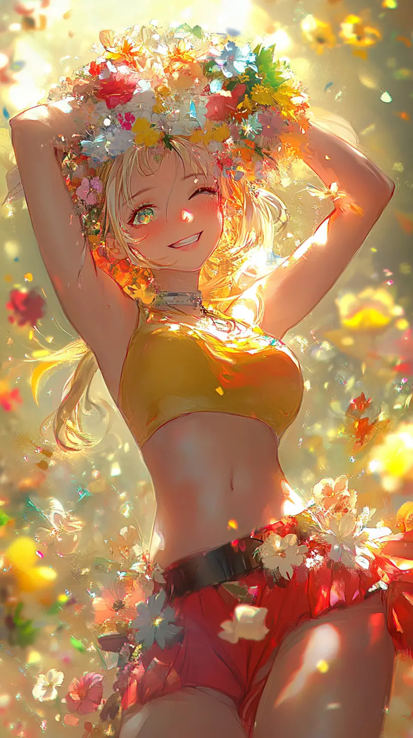 Anime girl balancing colorful flowers on her head