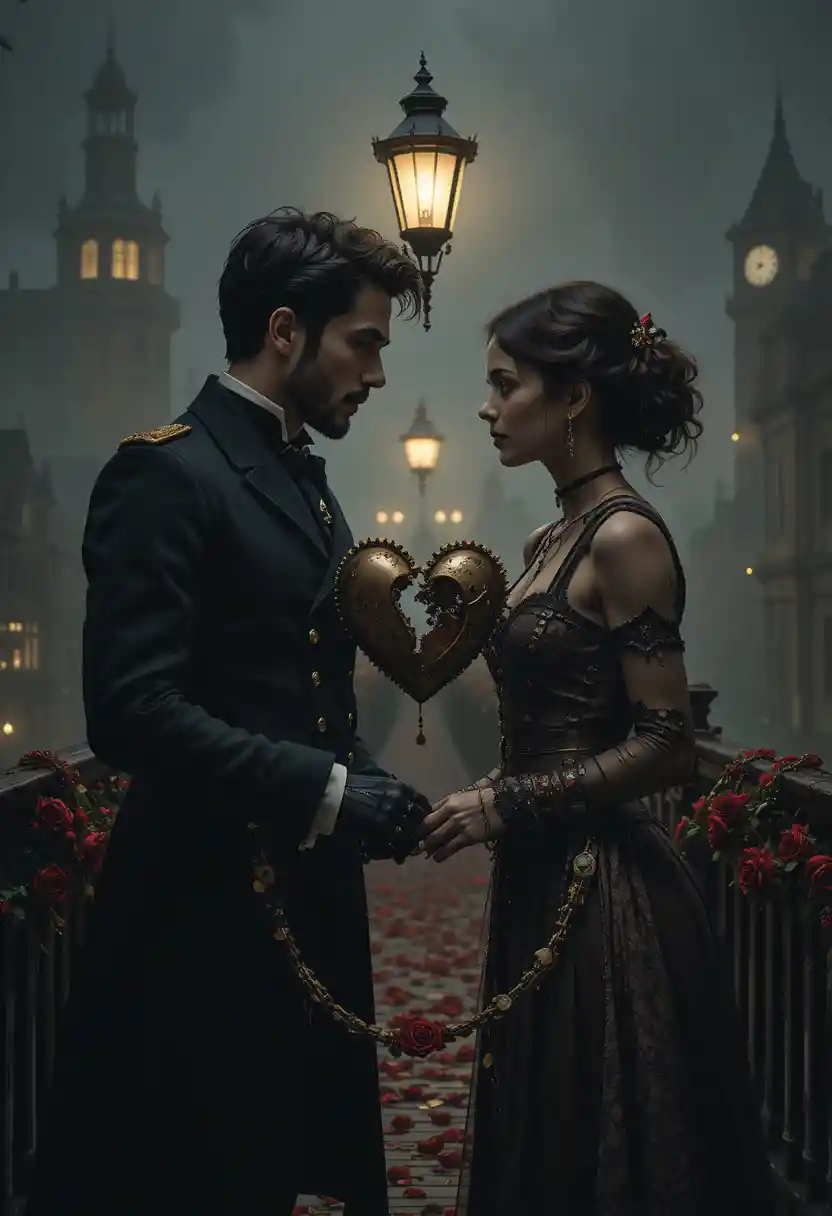 Gothic steampunk lovers divided on a night city bridge