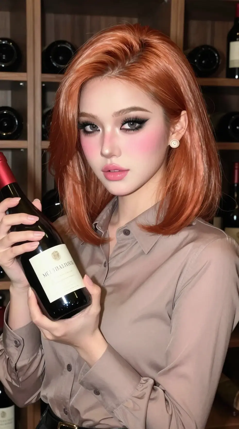 Woman reading a wine bottle in a digital painting