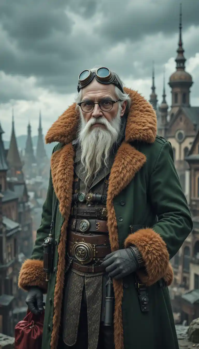 Steampunk old man in green coat before fantasy city