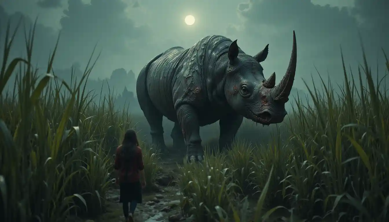 Zombie Rhinoceros Stalking Through Dark Rice Paddy At Night