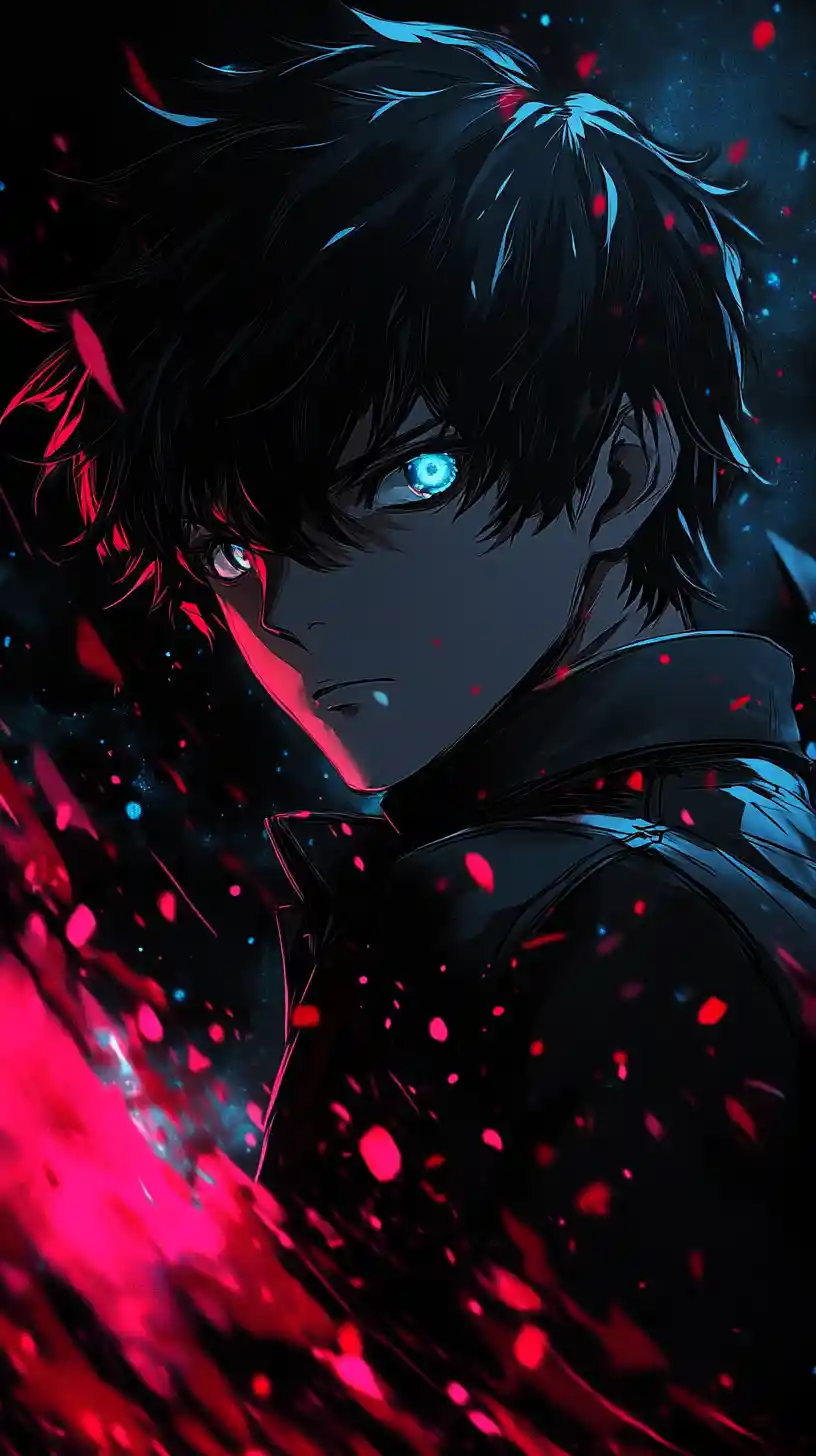 Herói de anime com energia carmesim e olhos azuis penetrantes