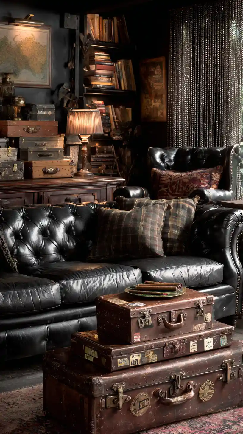 Cozy dark cigar room with vintage suitcases and leather seating